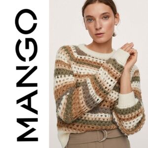 Mango striped openwork fuzzy knit crochet-style sweater, earth tones